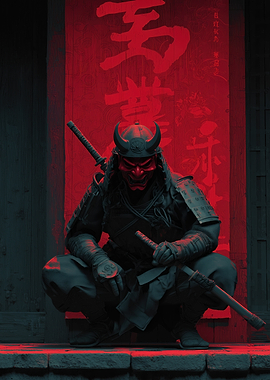Red Masked Samurai Warrior with Katana Crouching