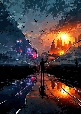 Dual Cityscape Through Broken Glass