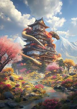 Dragon entwined with Japanese pagoda