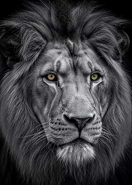 Lion Portrait in Black and White Gold Eyes