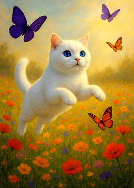 White Cat with Butterflies in Meadow