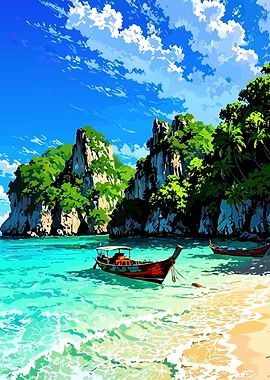 Tropical Beach with Boats and Cliffs