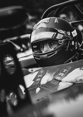 Race Car Driver in Black and White