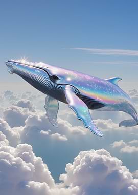 Iridescent Whale Flying Through Clouds