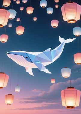 Geometric Whale and Lanterns in Sky