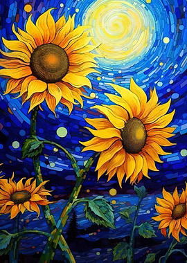 Sunflowers under a swirling night sky