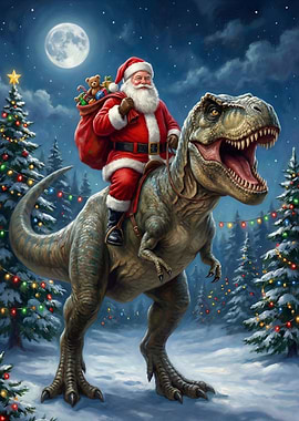 Santa Riding Dinosaur Christmas Scene