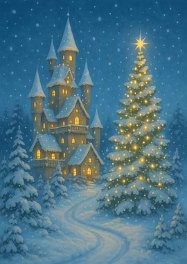 Winter Castle and Christmas Tree Scene