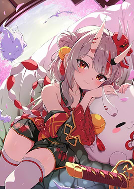 Anime Girl with Horns and Plushie