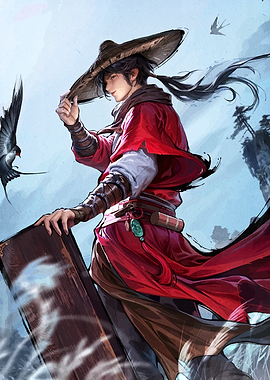 Asian Man with Book and Birds