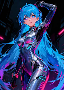 Neon Tech Cyborg Anime Girl – Futuristic Cyberpunk Metal Poster