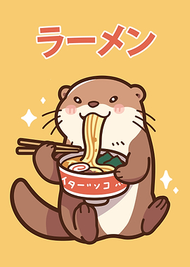 Cute Otter Eating Ramen Illustration