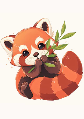 Cute Red Panda with Leaf