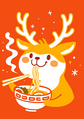Cartoon Deer Eating Ramen Illustration