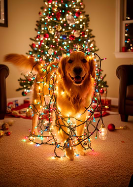Golden Retriever tangled in Christmas lights