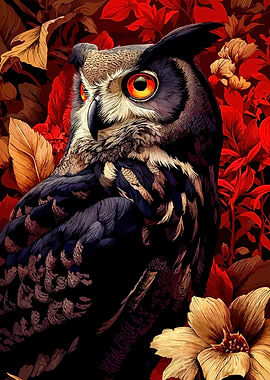 Owl Portrait with Floral Background