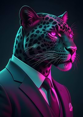 Leopard in Suit - Neon Portrait