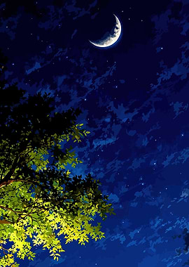Crescent Moon and Tree at Night