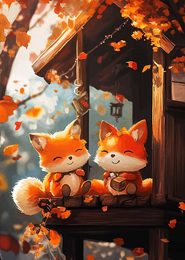 Two Cute Foxes in Autumn Setting