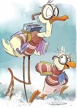 Cartoon Birds with Books and Glasses