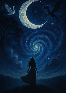 Night Sky Dreamscape with Dragon and Swan