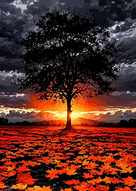 Silhouette Tree at Sunset with Leaves