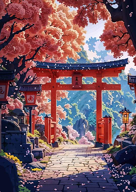 Japanese Torii Gate with Cherry Blossoms