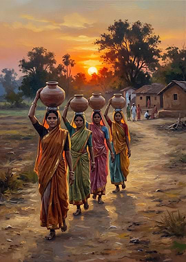 Indian Women Carrying Water at Sunset