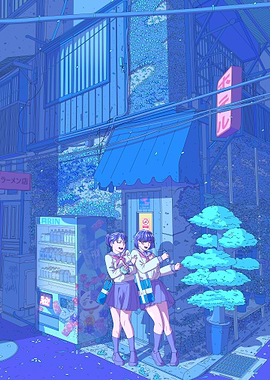 Blue Anime Street Scene with Schoolgirls