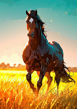 Running Horse in Golden Field