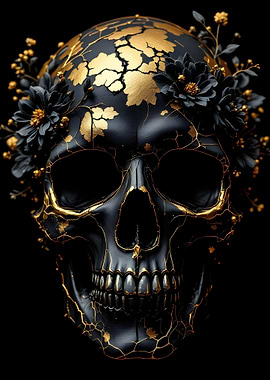 Golden Skull with Black Flowers