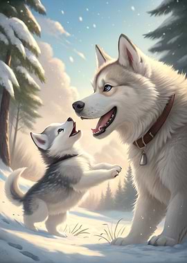 Husky Puppy and Mother in Snow