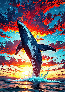 Whale breaching at sunset