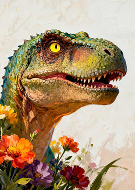 Dinosaur with Flowers Painting