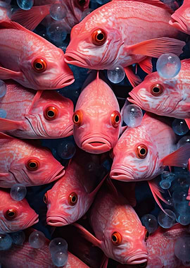 School of Red Fish with Bubbles