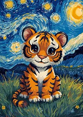 Cute Tiger Cub Starry Night