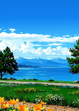 Scenic Lakeside Landscape with Floral Meadow