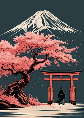 Japanese Landscape with Mount Fuji and Torii