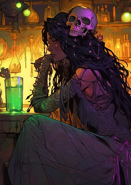 Pensive Woman with Skull in Tavern