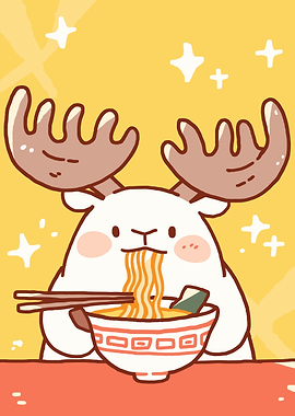 Cute Moose Eating Ramen Illustration