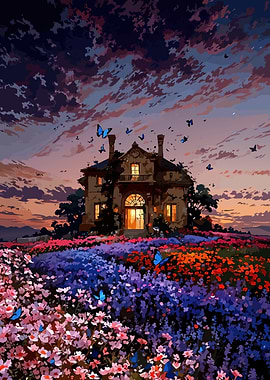House in a field of flowers