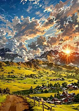 Mountain Village Landscape at Sunset