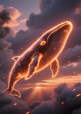 Glowing Whale in Cloudy Sunset Sky