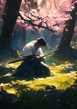 Samurai in Cherry Blossom Forest