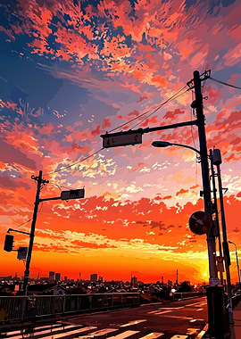 Vibrant Sunset Cityscape Digital Art
