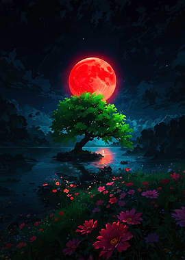Red Moon Over Tree and Flowers