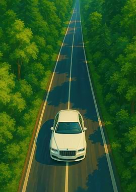 White car on road through forest