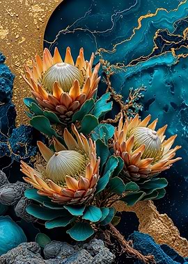 Teal Gold Protea Blooms