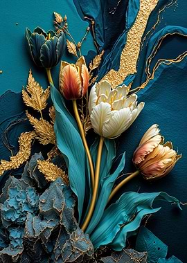 Teal Gold Tulips Flower