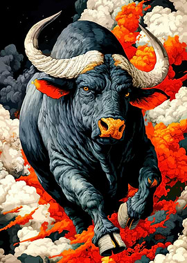 Charging Bull with Fiery Background